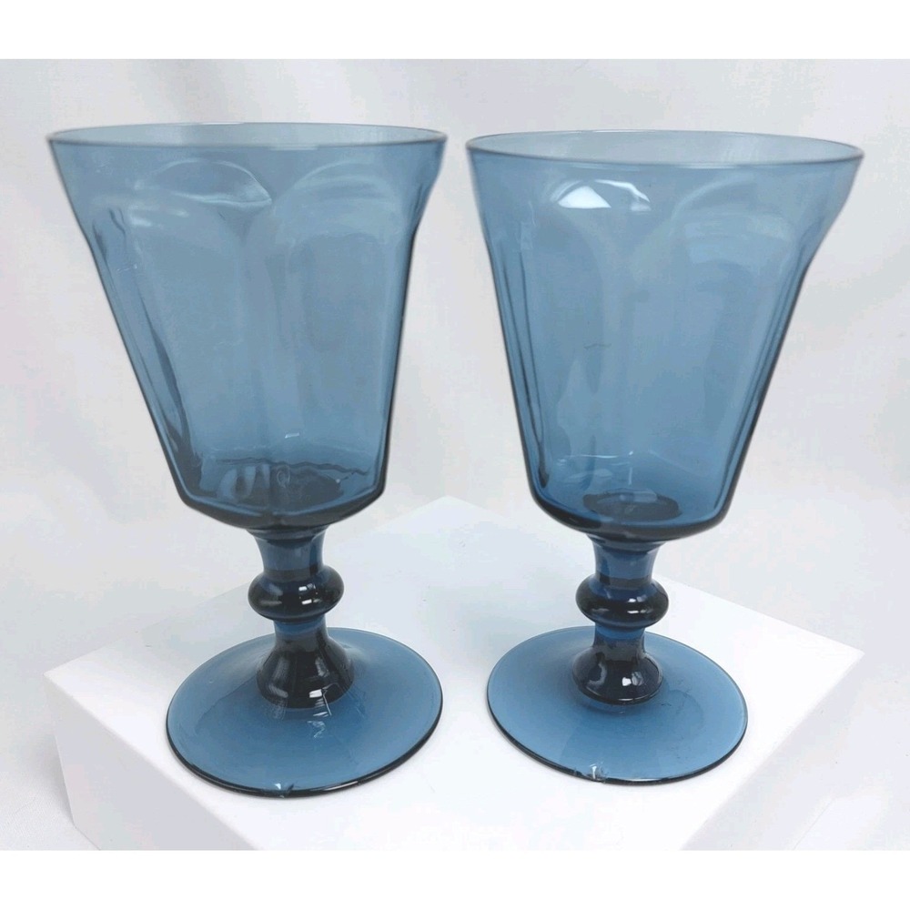 Lenox Water Wine Goblet Glasses Dark Blue Panels Set Of 2  6.75"x3.75" *READ